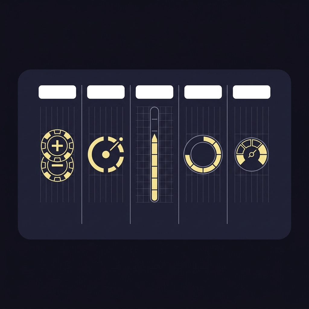 Minimal 2D vector dashboard mockup showing five columns for american odds to percentage conversion represented by icons gauges and bars on a Funded Plays style dark background