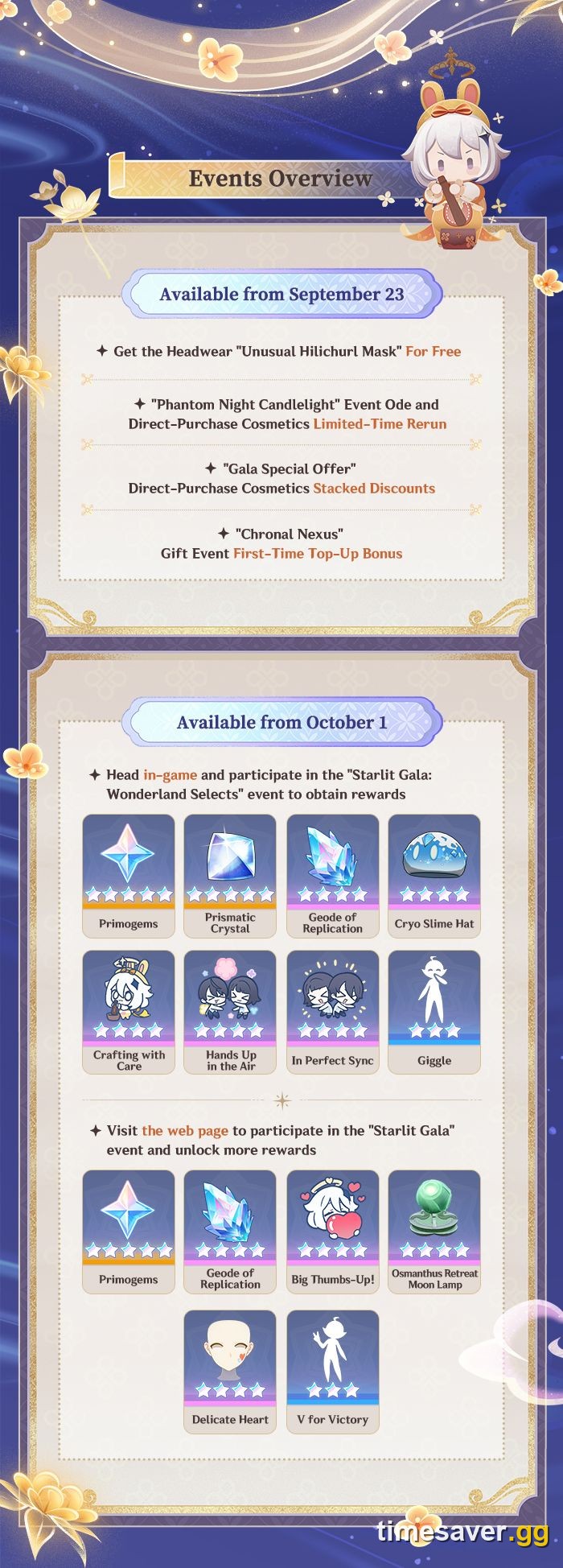 Official Genshin Impact Starlit Gala events overview infographic listing the September 23 and October 1 reward unlocks including Primogems, Prismatic Crystal and Geode of Replication
