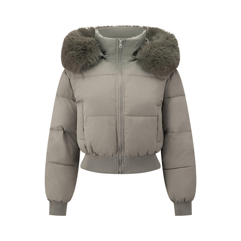 Short women's winter jacket with a removable hood