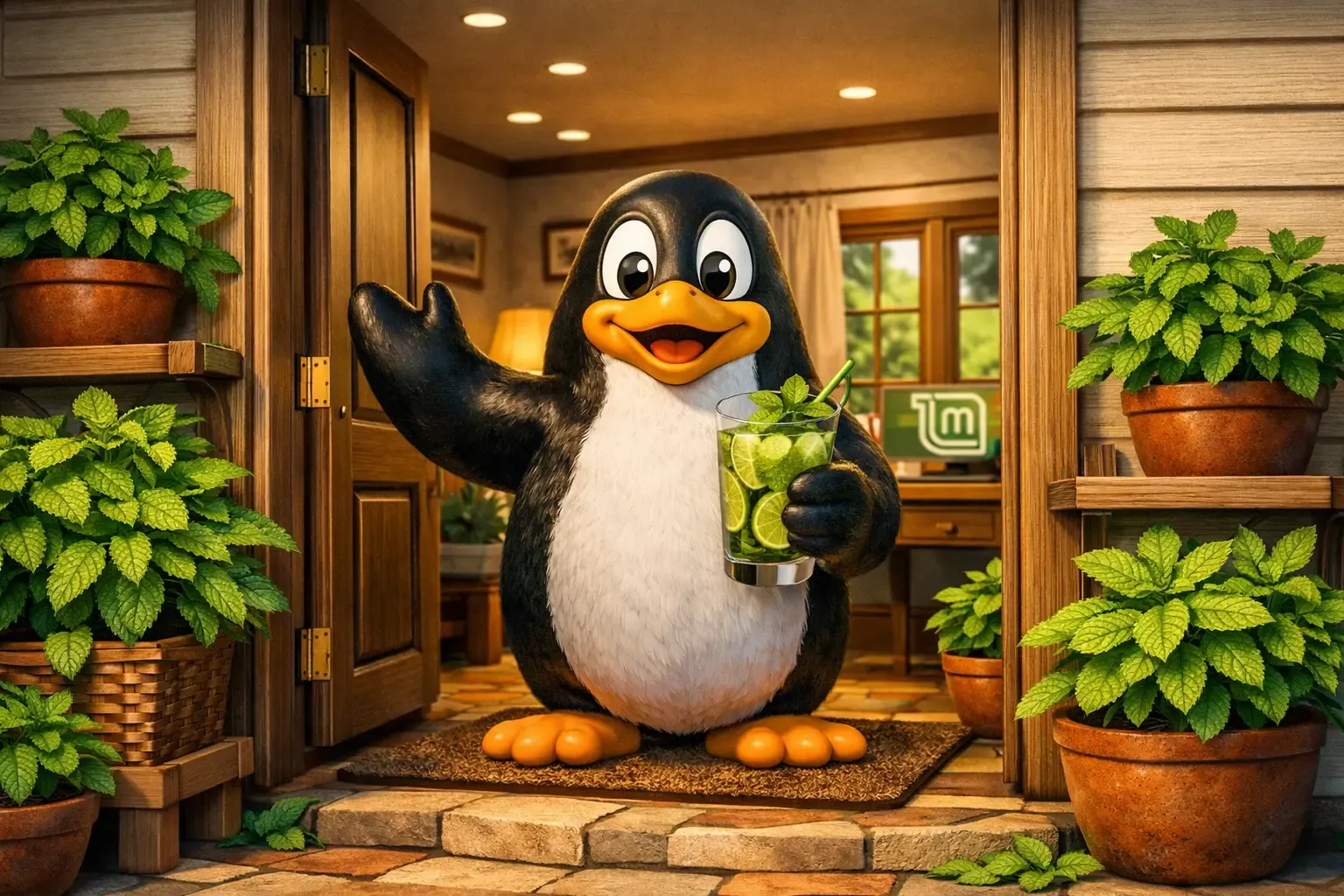 Tux, el pingüino de Linux te da la bienvenida a su casa decorada con plantas de menta, mientras sostiene en su mano un vaso con limón y menta..
