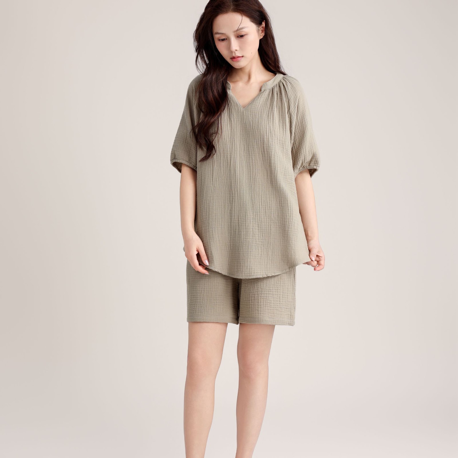 Damen-Pyjama-Set, Doppelschicht-Gaze, V-Ausschnitt