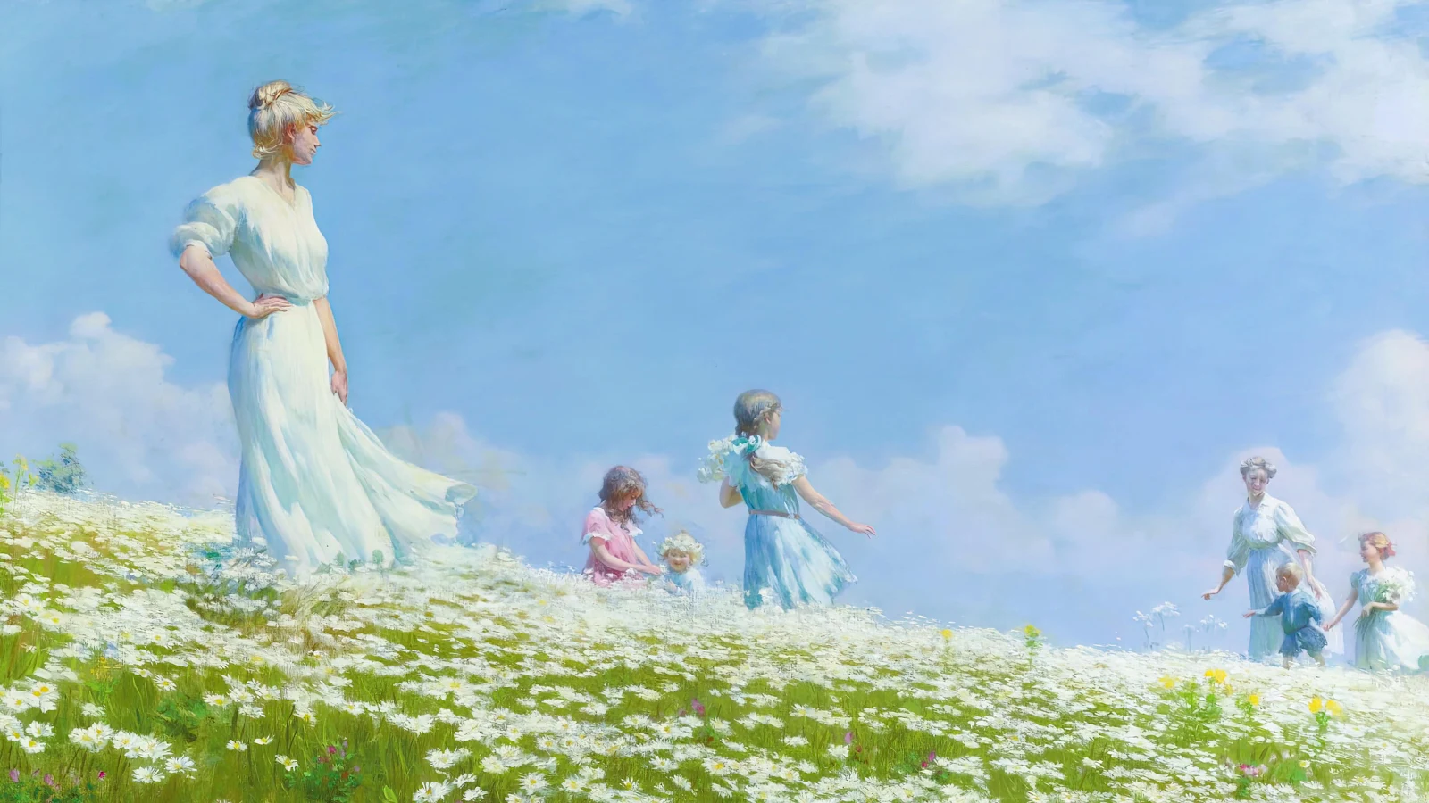 Family In A Daisy Field - Oil Painting 4K Wallpaper (3840x2160)
