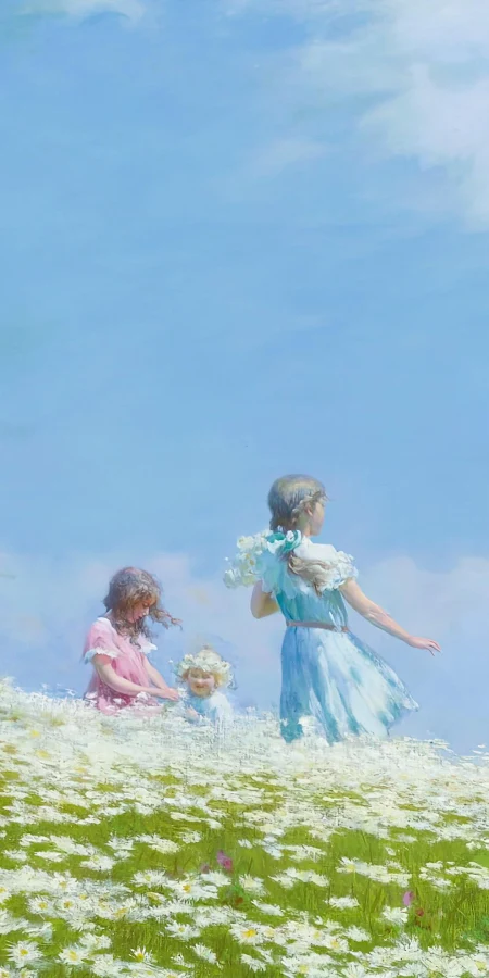 Family In A Daisy Field 4K Phone Wallpaper