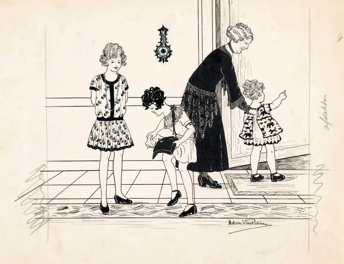 Vrouw en drie meisjes in een gang 1925