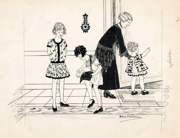 Vrouw en drie meisjes in een gang 1925