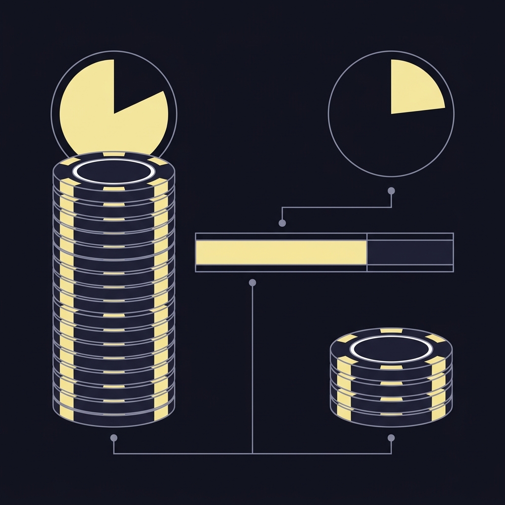 Minimal 2D vector showing deep and short poker chip stacks with overlay pie arcs and a comparison bar illustrating odds implied probability in Funded Plays dark brand colors