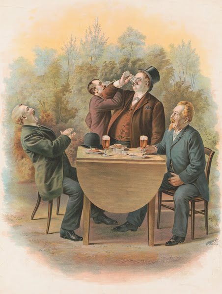 Four gentlemen sitting at a table in the outdoors enjoying food and drinks 1892