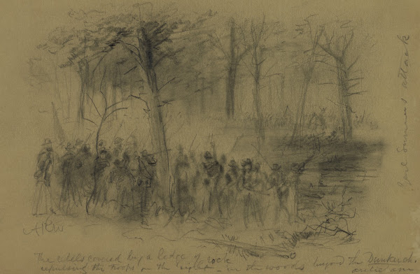 The rebels covered by a ledge of rock repulsing the troops on the right  in the