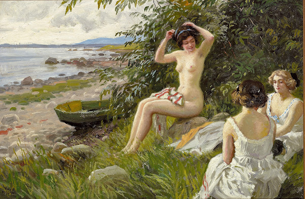 Tre badepiger i strandkanten 1913