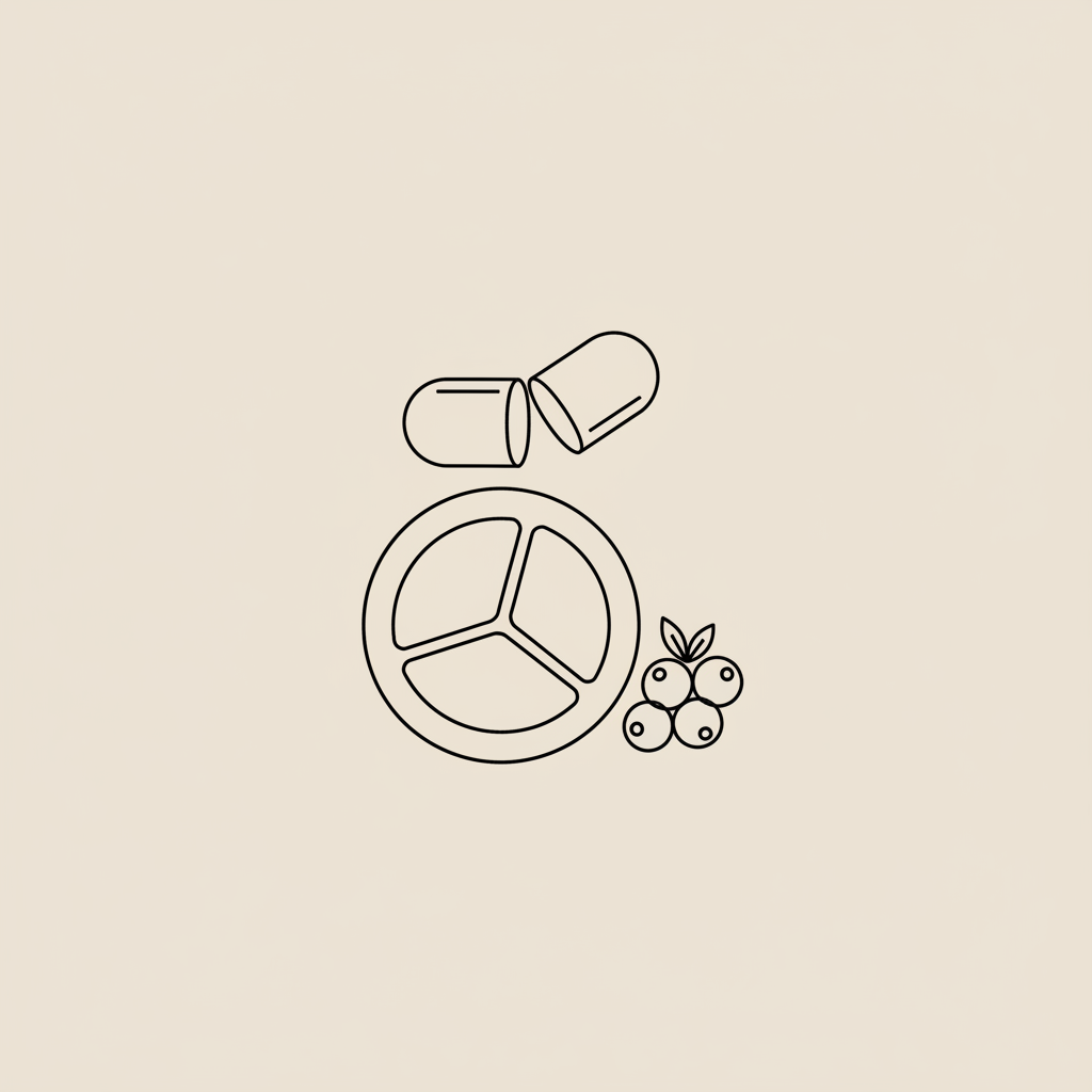 Minimal Tonum-style line illustration of a capsule, a simple balanced plate, and a small berry cluster on beige background for article what is the best fat burning supplement for women?