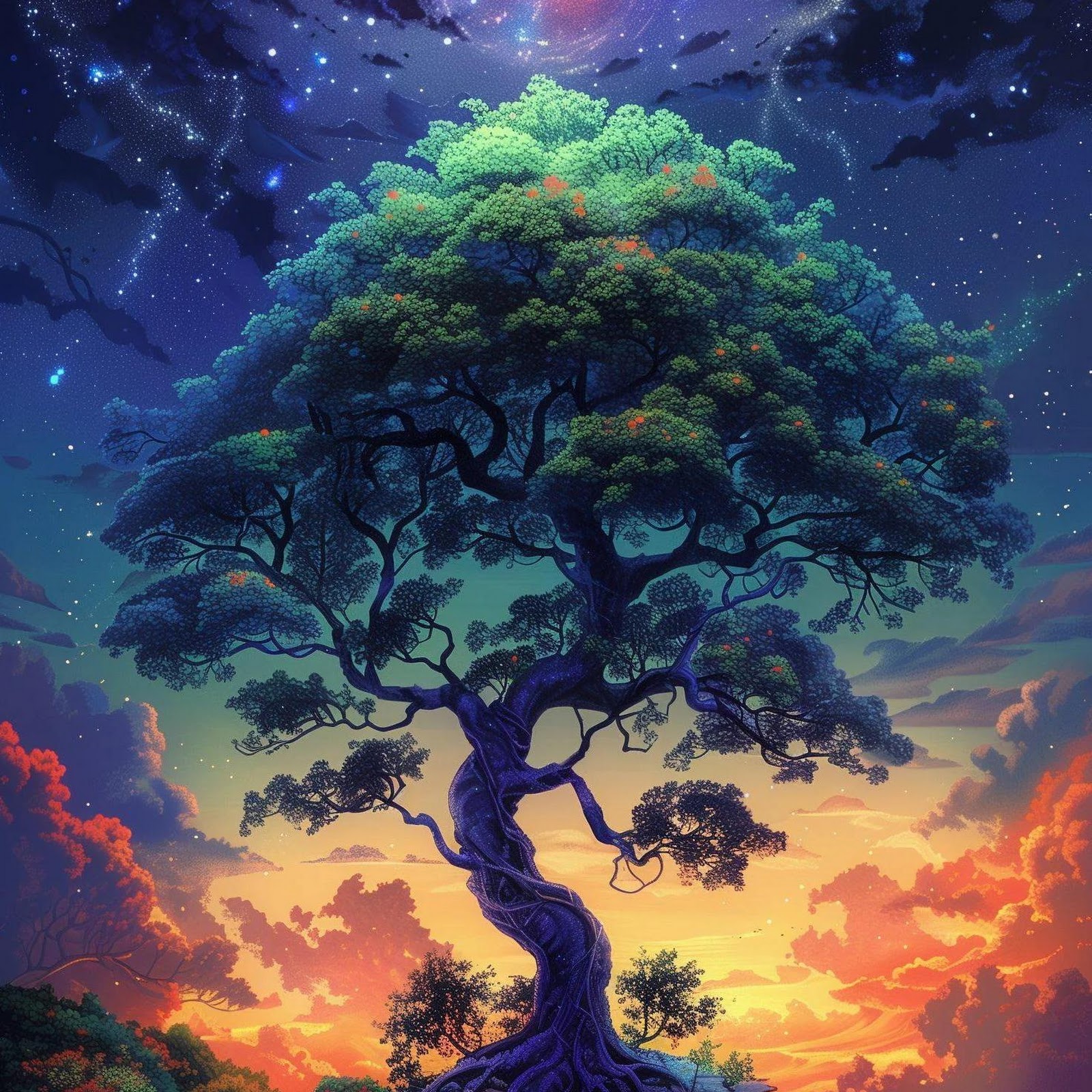 Download Mystical Tree Under Cosmic Sky 2K iPhone