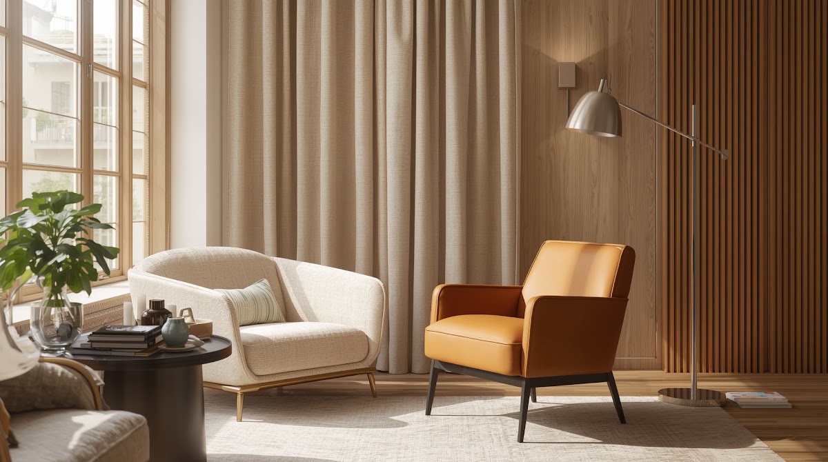How to Warm Up Chrome Floor Lamps in a Modern Living Room - chrome wood textile and neutral color palette mood board