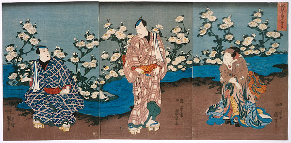 The Actor Onoe Kikugorō III Viewing Chrysanthemums and Stream circa 1850