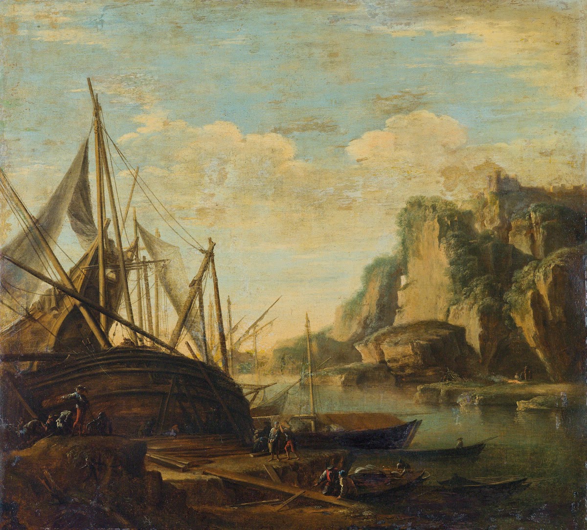 A Mediterranean coastal landscape with a ship