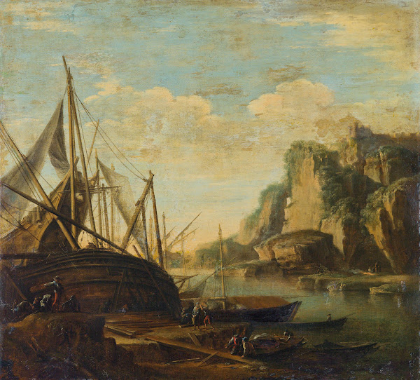A Mediterranean coastal landscape with a ship