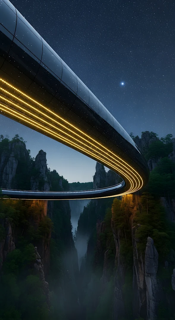 Futuristic Ring Bridge Spanning Deep Mountain Canyon Night