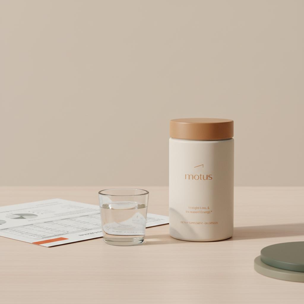 Tonum Motus supplement jar with berberine on a wooden table beside a glass of water and folded research printout against a beige background