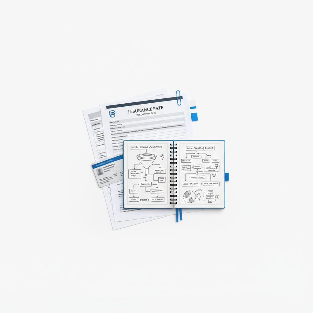 Overhead workspace with insurance declaration, license card, and spiral notebook of hand-sketched flowcharts for local service ad strategy &mdash; Google Local service Ads