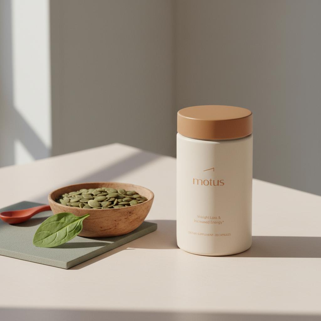 Tonum Motus supplement container beside a wooden bowl of pumpkin seeds and a spinach sprig on a pale background, illustrating magnesium and blood sugar.