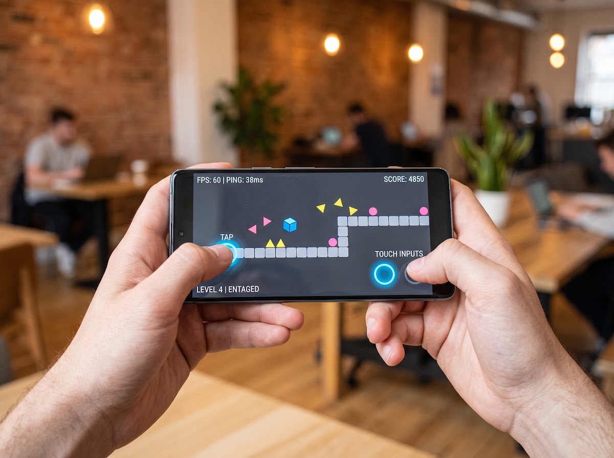 Close-up of hands holding a smartphone in landscape orientation, the screen displaying a minimalist mobile game prototype with touch indicators and frame rate counter.