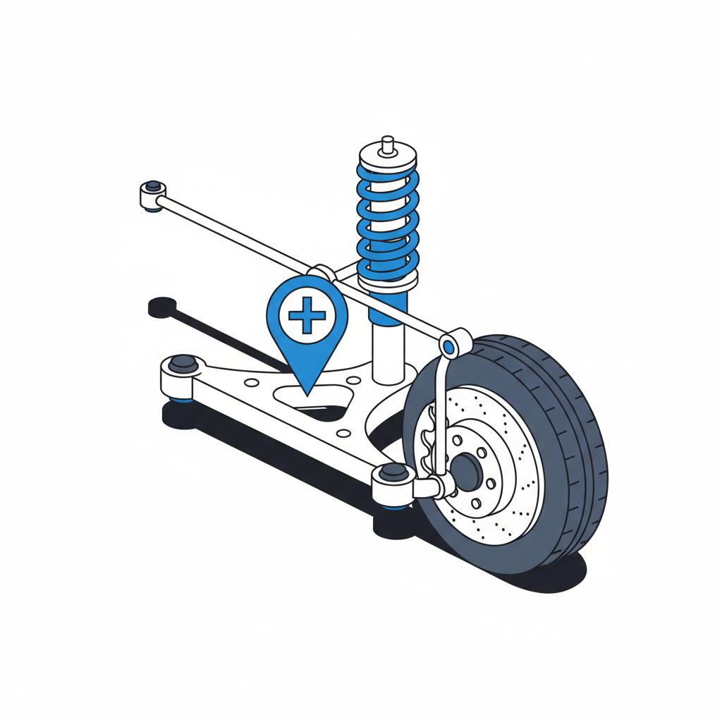 Minimalist vector illustration of a chevy tahoe for sale undercarriage inspection showing wheel and suspension components highlighted in brand blue 3666ed no people no text