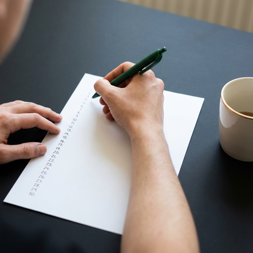 Close up of hands writing a 30 day checklist on paper next to a coffee cup in a minimalist workspace illustrating how to make money investing