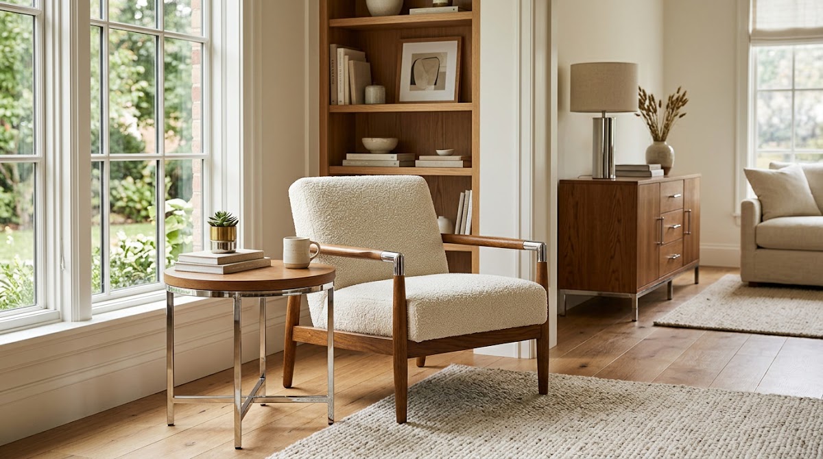 How to Make Chrome and Oak Decor Feel Cozy, Not Clinical - chrome side table beside walnut furniture in a living room