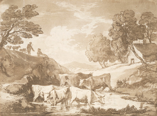 Wooded Landscape with Cows at a Watering Place Figures and Cottage c 1785