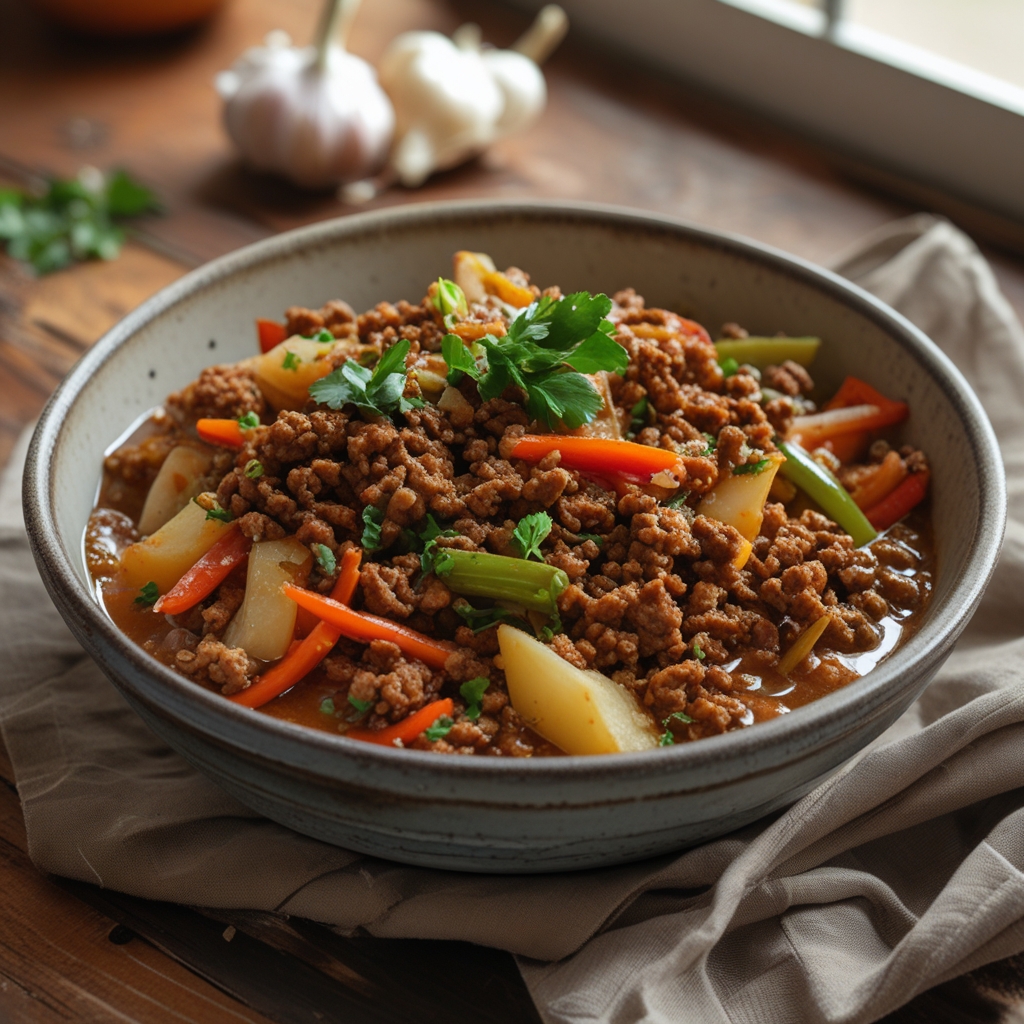 Spicy Ground Beef Stir-Fry Bowl with Garlic Veggies Delight - Easy & Flavorful Weeknight Meal