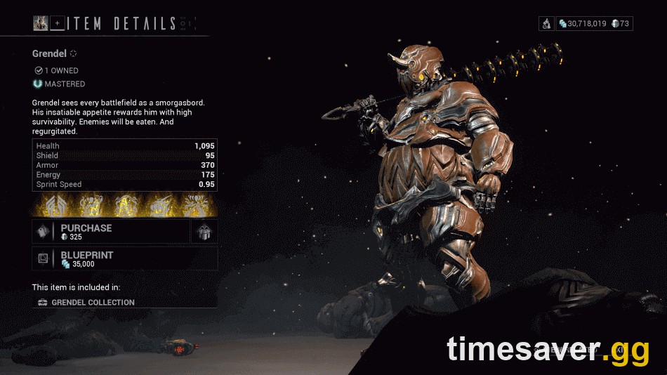 Grendel item-details and blueprint screen in Warframe