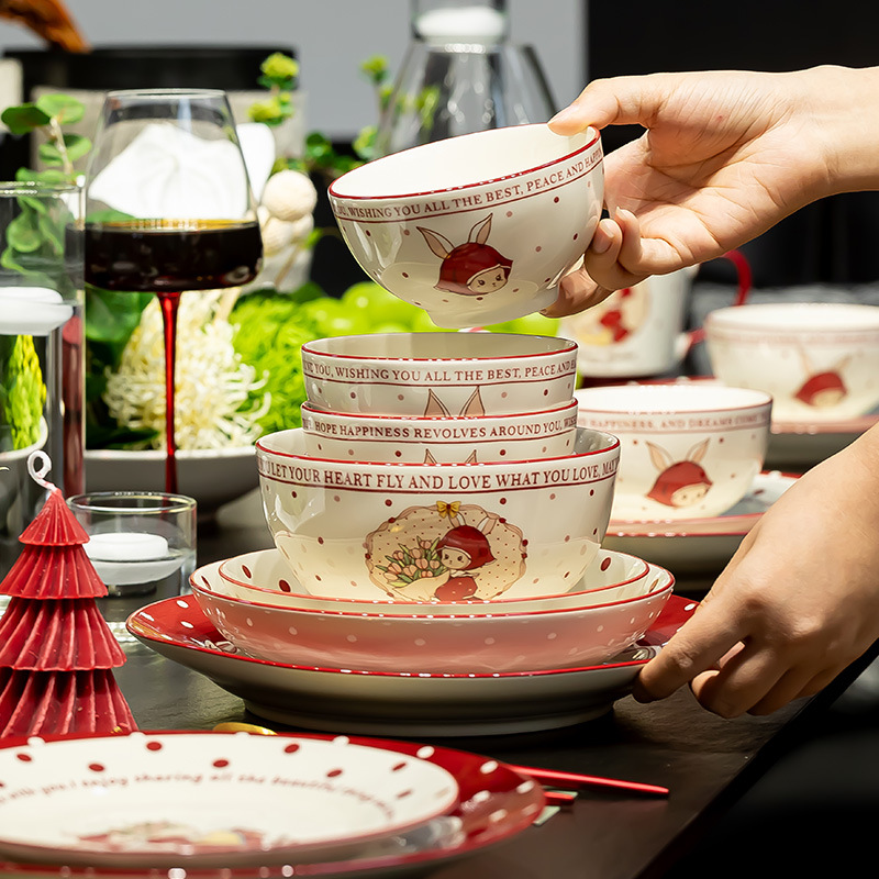 Ceramic dinnerware set, red, floral pattern