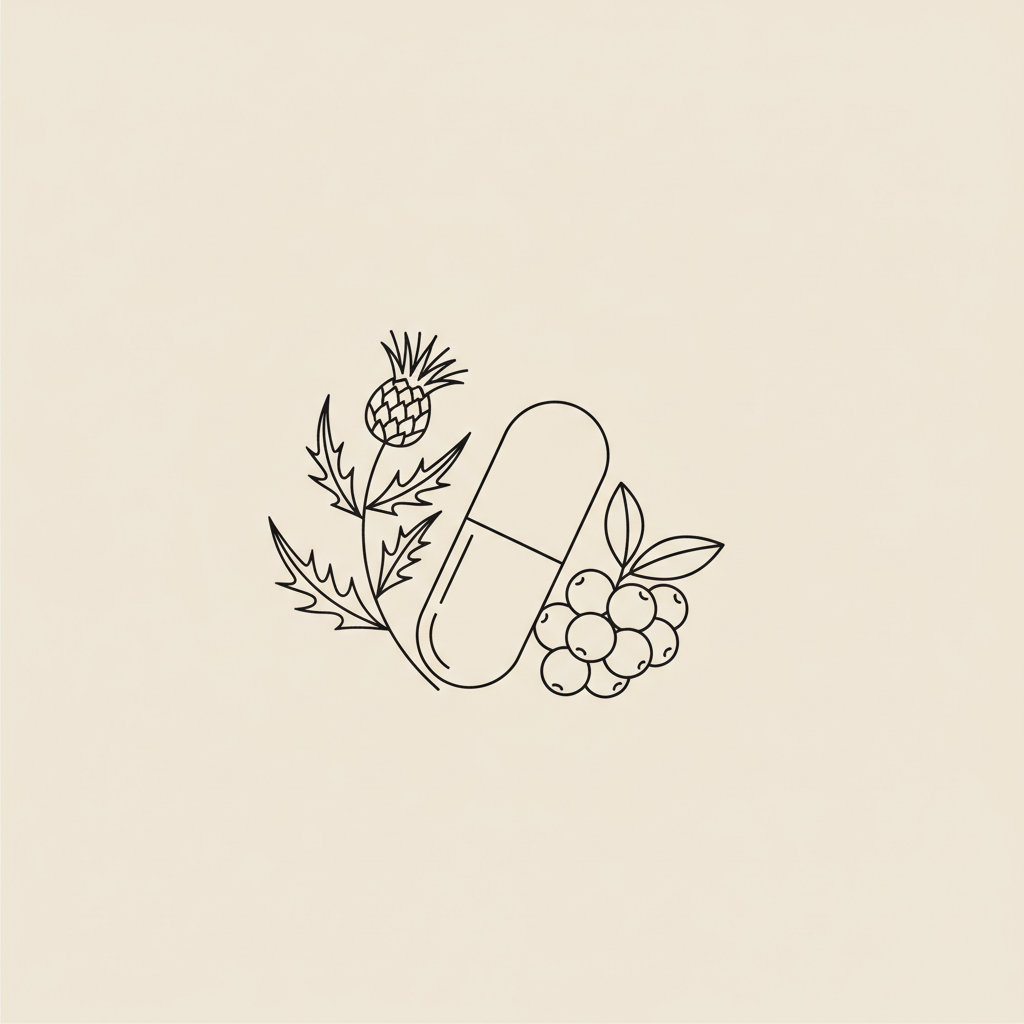 Minimal Tonum-style line illustration of a capsule, milk thistle sprig and berry cluster on beige background, representing most effective weight loss pills