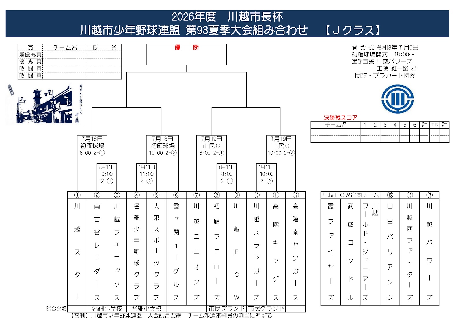2026年 川越市長杯 第93回 川越市少年野球連盟 夏季大会 Jクラス組合せ表