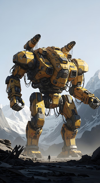 Giant Yellow Combat Mech Snowy Mountain Landscape - Free mobile Wallpaper