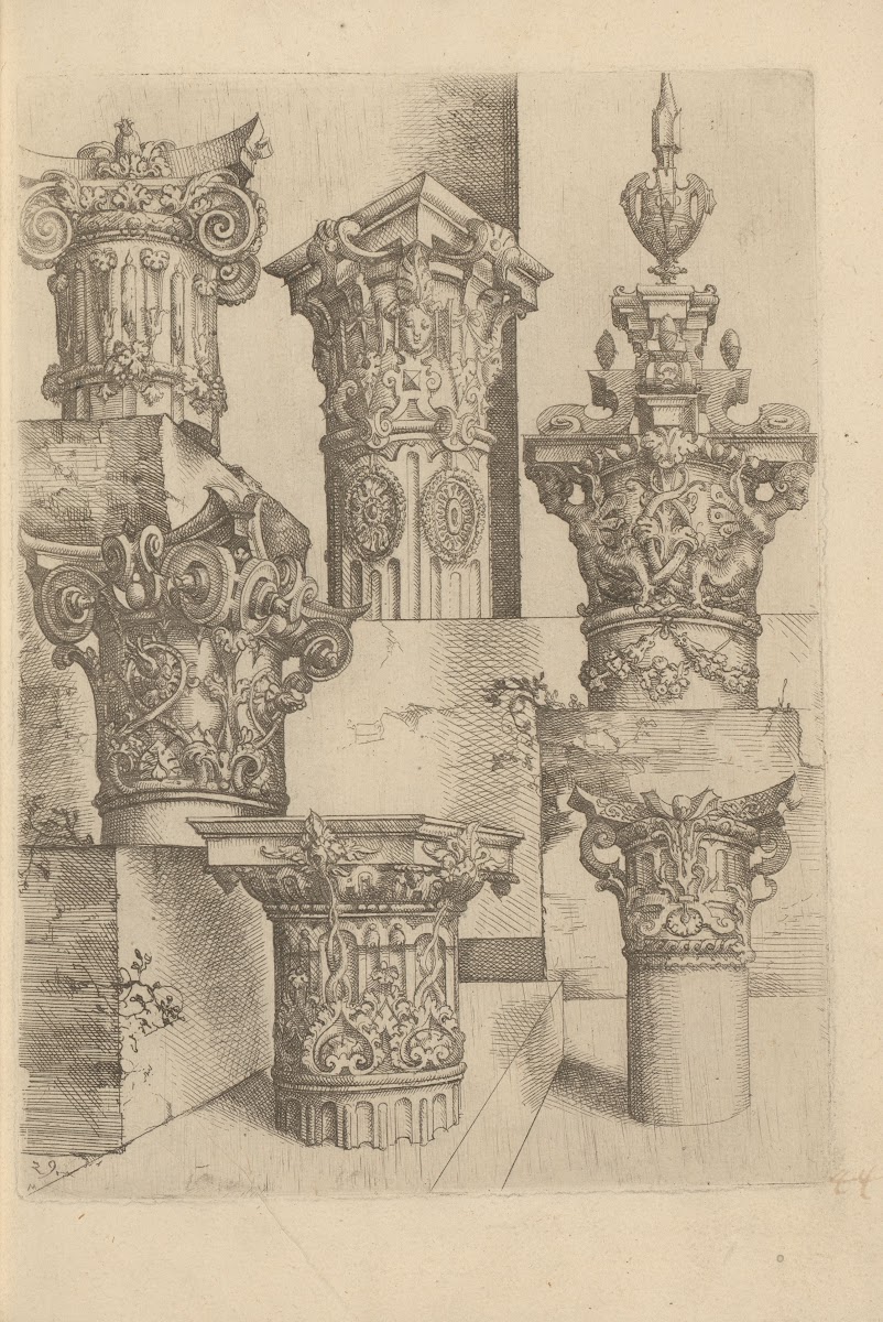 Six composite capitals decorated with harpies garlands and scrollwork 1593 1595