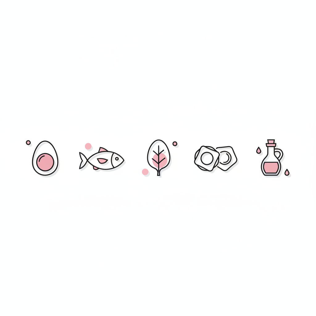 Vektor-Infografik mit fünf Icons (Ei, Fisch, Spinat, Nüsse, Öl) für was essen für gesunde Fingernägel, minimalistischer weißer Hintergrund und NailX-Akzent #f57fb6