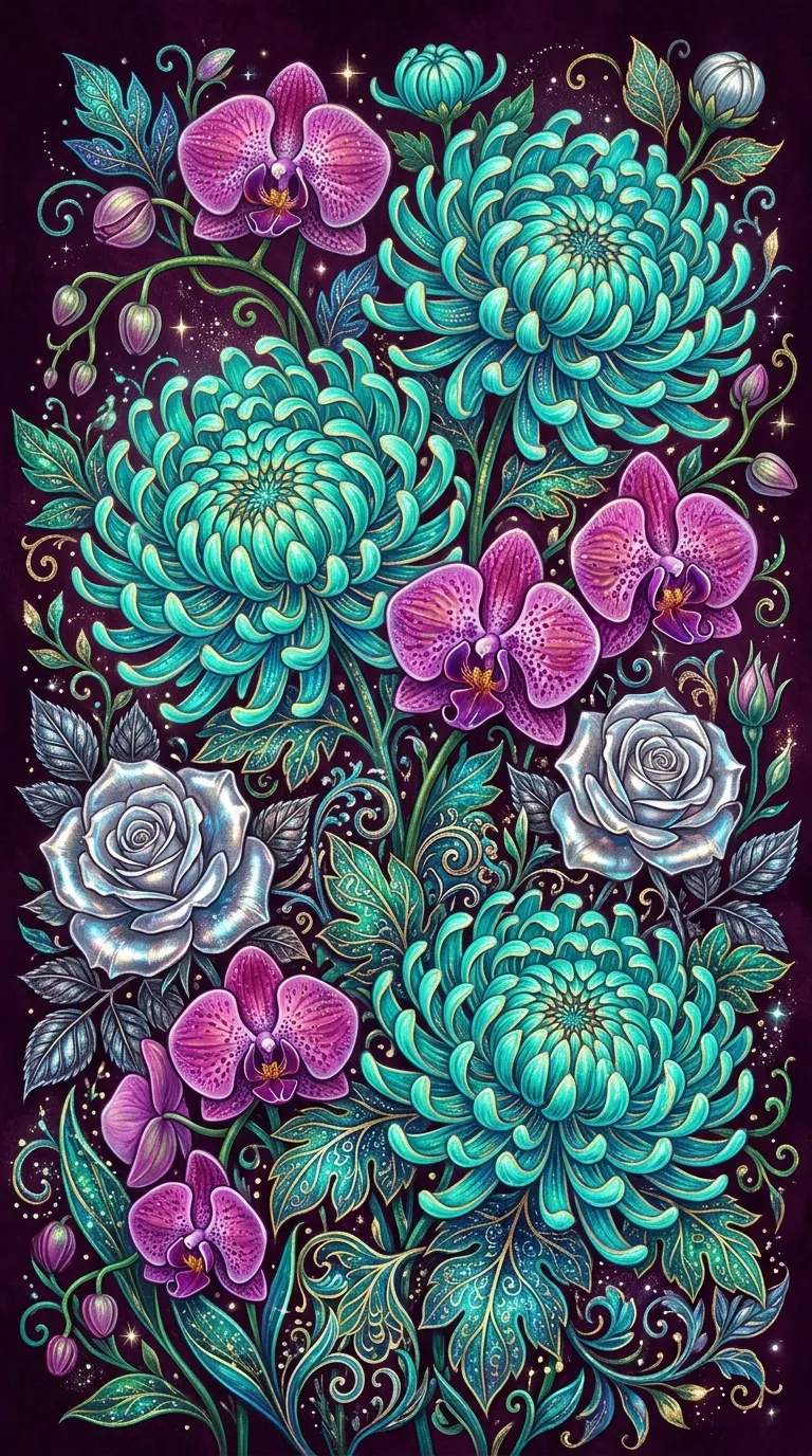 Whimsical Garden of Fantastical Metallic Flowers on Plum Background - Free 8K and 4K mobile Wallpaper Background
