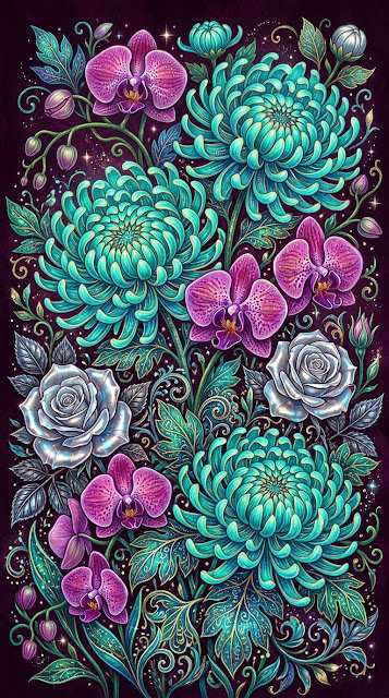Whimsical Garden of Fantastical Metallic Flowers on Plum Background - Free mobile Wallpaper