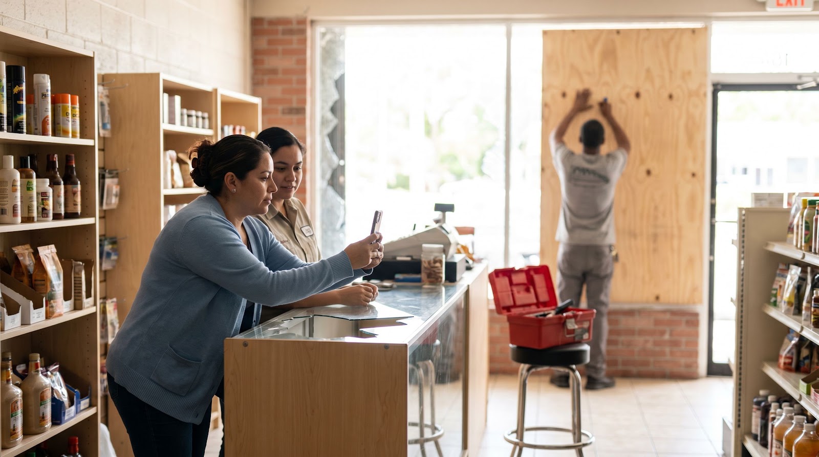 Business owner documenting damage after storefront vandalism for florida commercial property vandalism insurance claim
