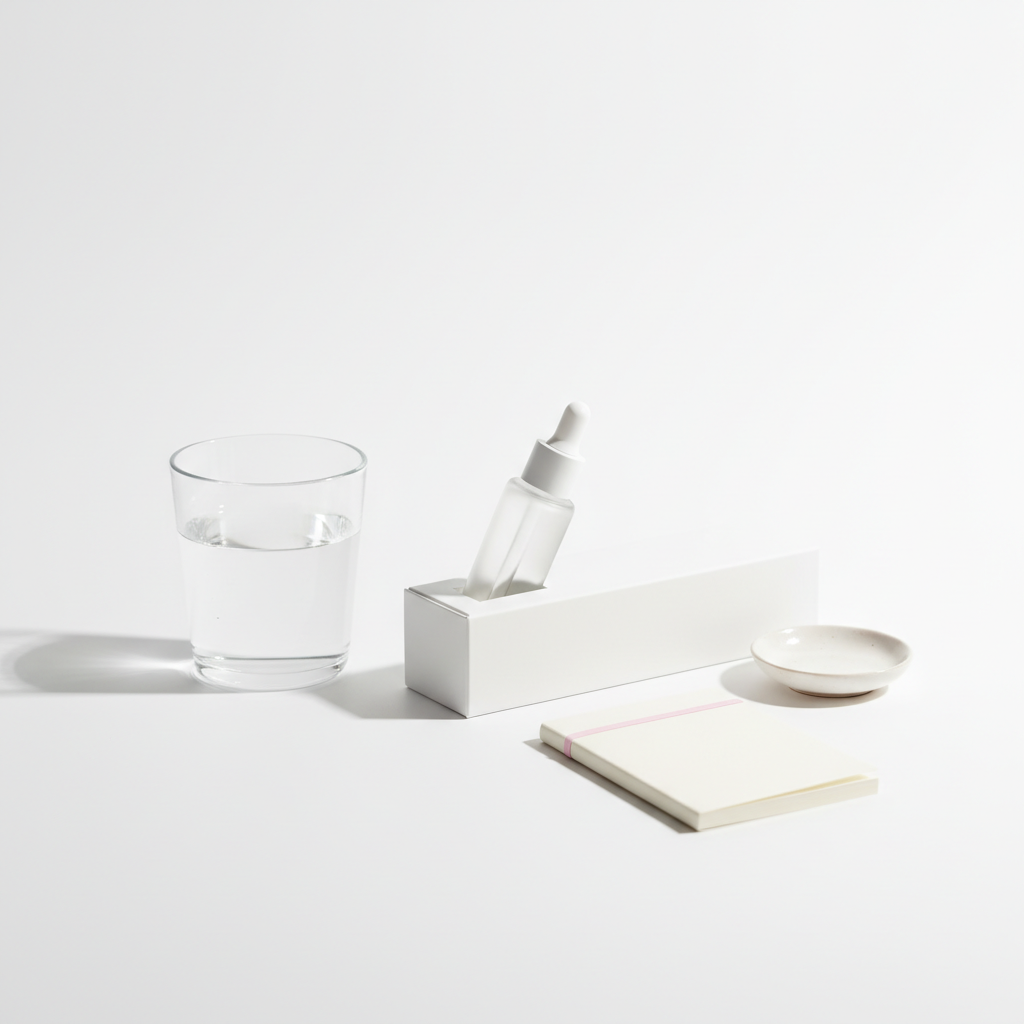 Helle Nahaufnahme einer offenen Schachtel mit unbeschriftetem Cuticle-Oil‑Flakon und Tropfer, Glas Wasser und kleines Notizbuch — Welches Protein macht Nägel hart?