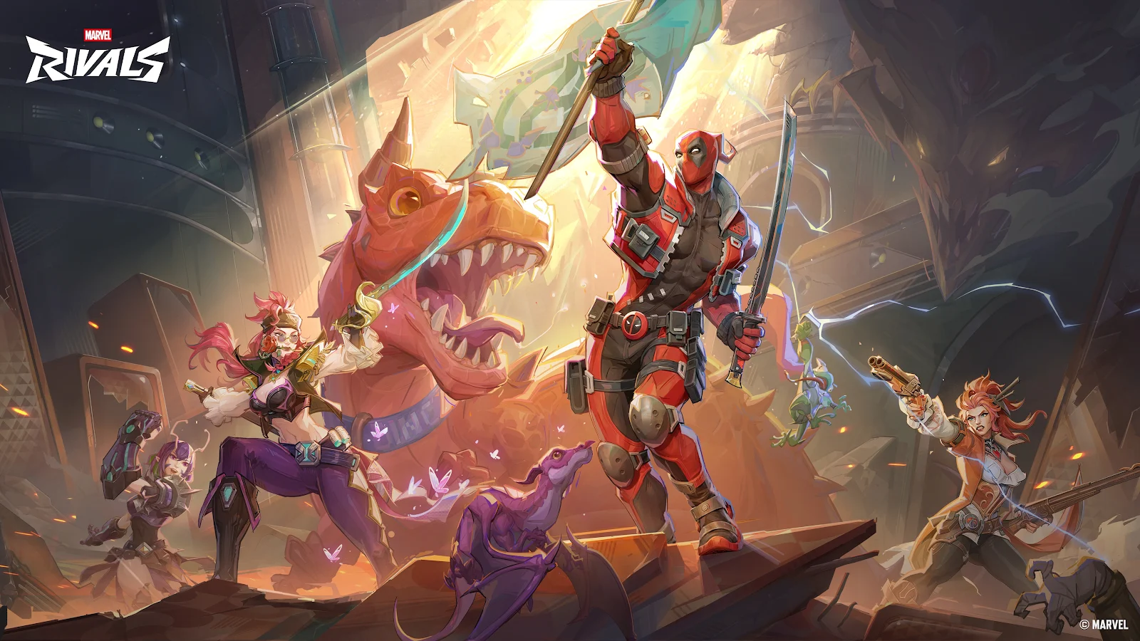 Deadpool Leads Marvel Rivals Heroes - Digital Illustration 4K Wallpaper (3840x2160)