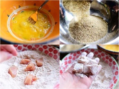 Trong 1 tô khác, cho bột chiên giòn vào. Thấm khô miếng lườn gà, nhúng lườn gà vào lần lượt hỗn hợp bột mì, trứng gà, bột chiên giòn.
