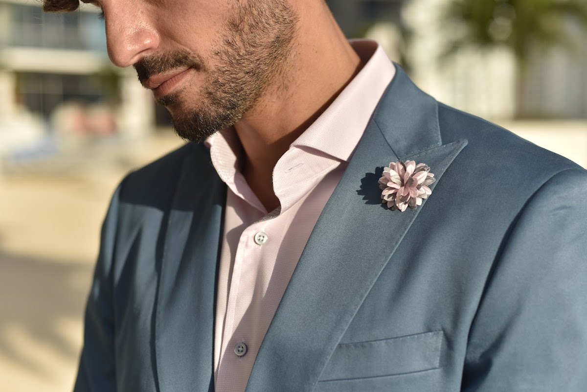 Steel blue custom blazer with lapel detail by Bespoke By CB Miami