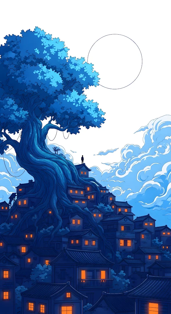Giant Blue Tree Overlooking a Hillside Village at Dusk