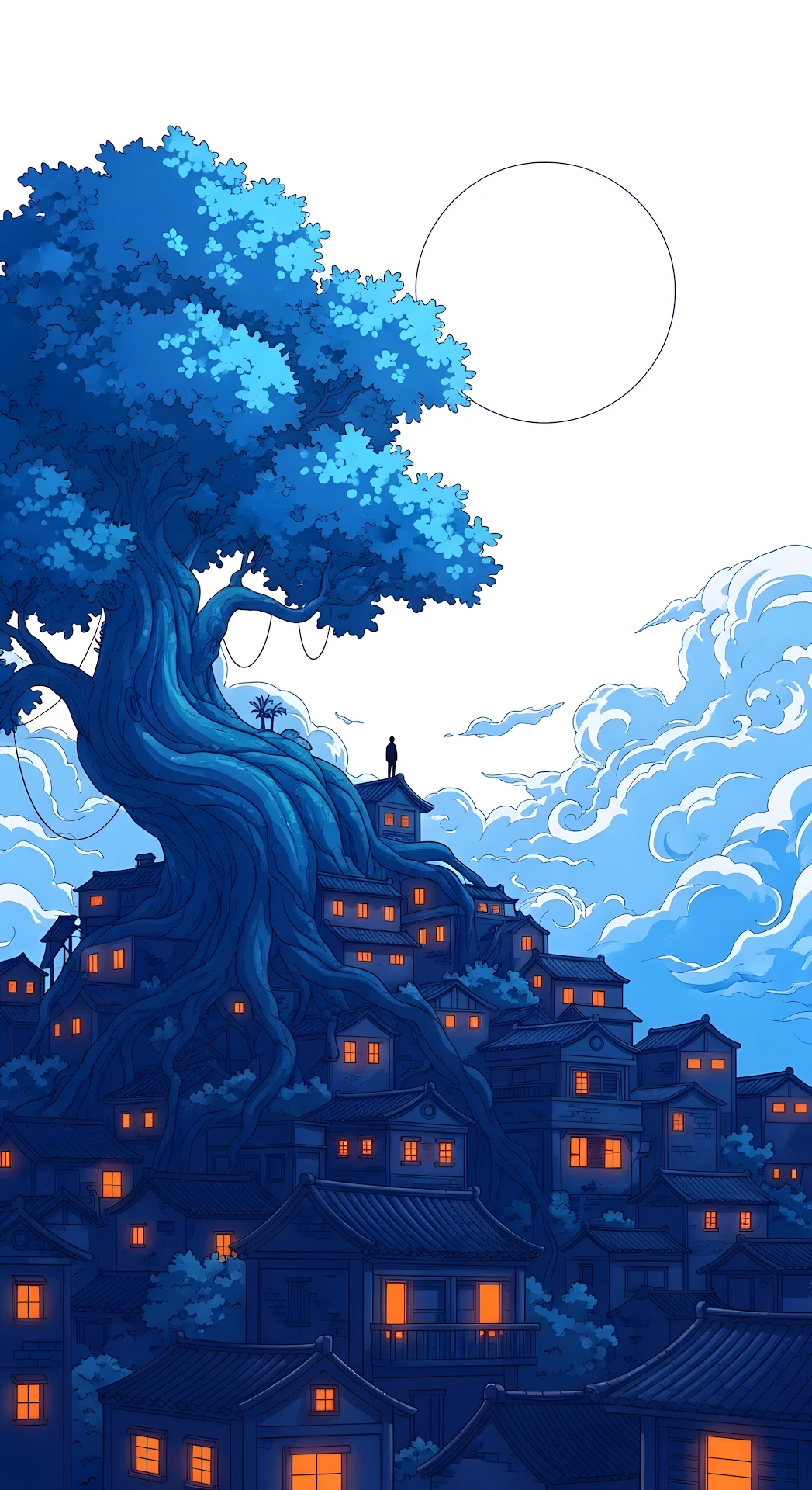 Giant Blue Tree Overlooking a Hillside Village at Dusk - Free 4K mobile Wallpaper
