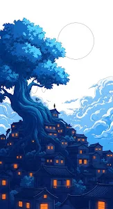 Giant Blue Tree Overlooking a Hillside Village at Dusk