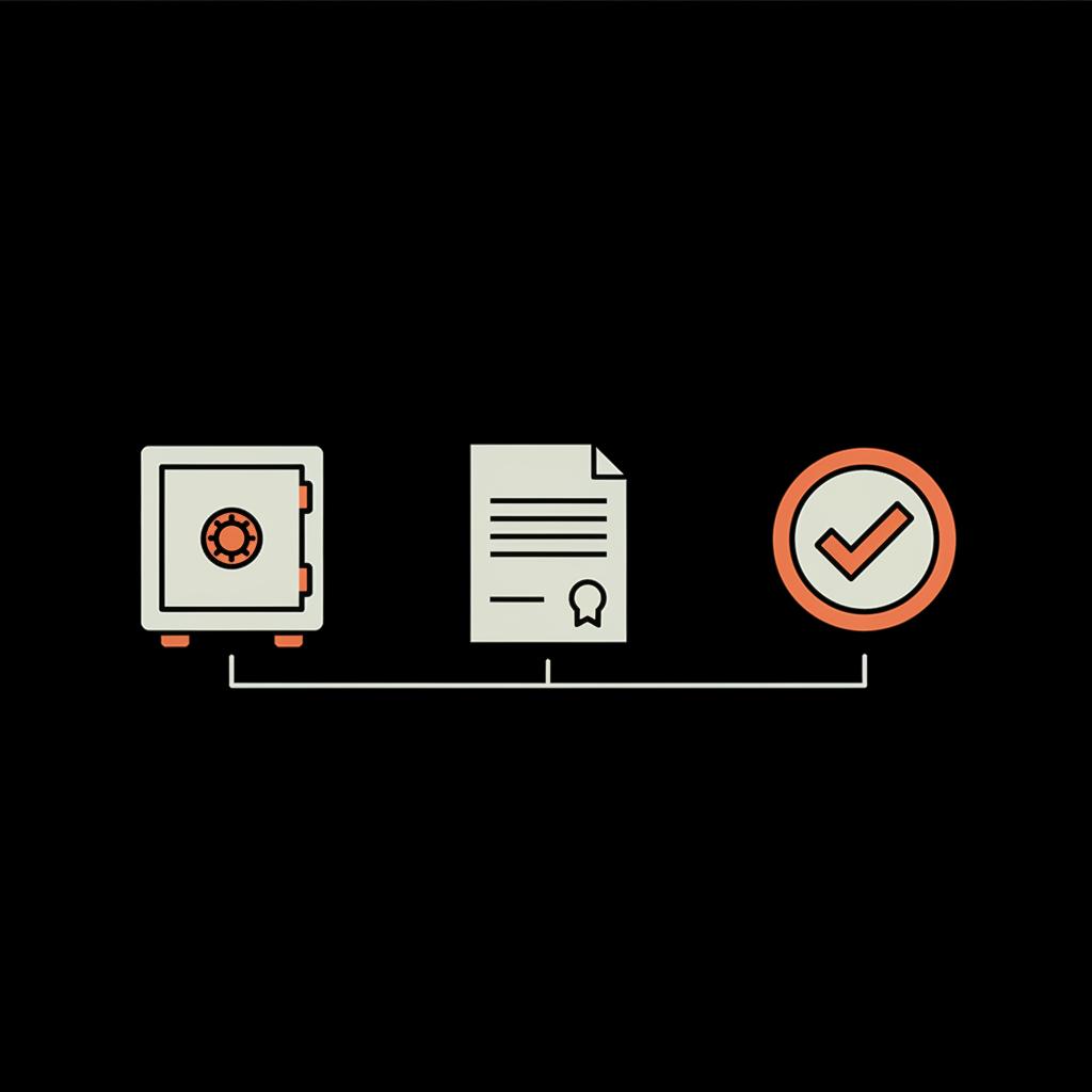 Minimal vector infographic of an escrow safe, contract icon and checkmark illustrating secure transfer for YouTube channel valuation.
