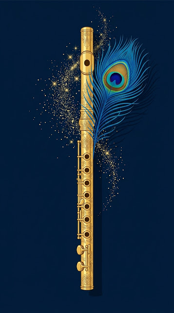 Ornate Golden Flute with Vibrant Blue Peacock Feather - Free mobile Wallpaper