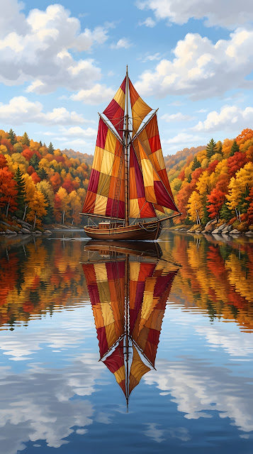 Realistic Colorful Sailboat on Tranquil Autumn Lake - Free mobile Wallpaper