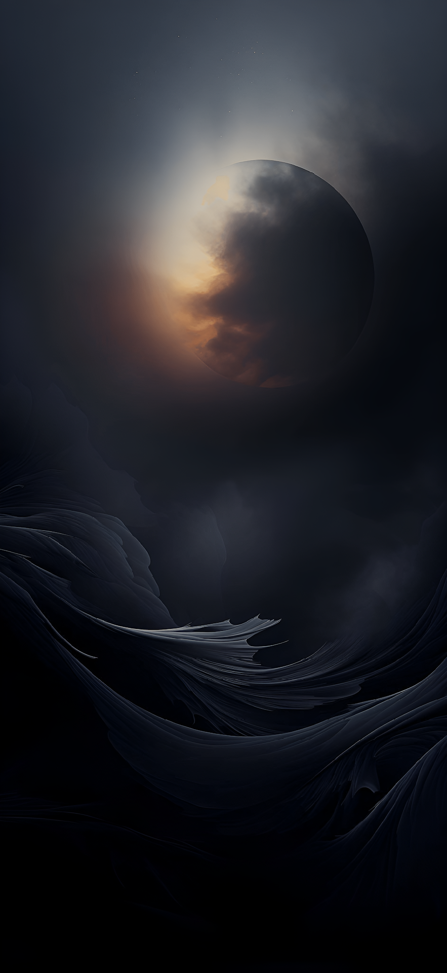 Dark Cosmic Landscape with Obscured Moon and Fractal Waves - Free 4K mobile Wallpaper